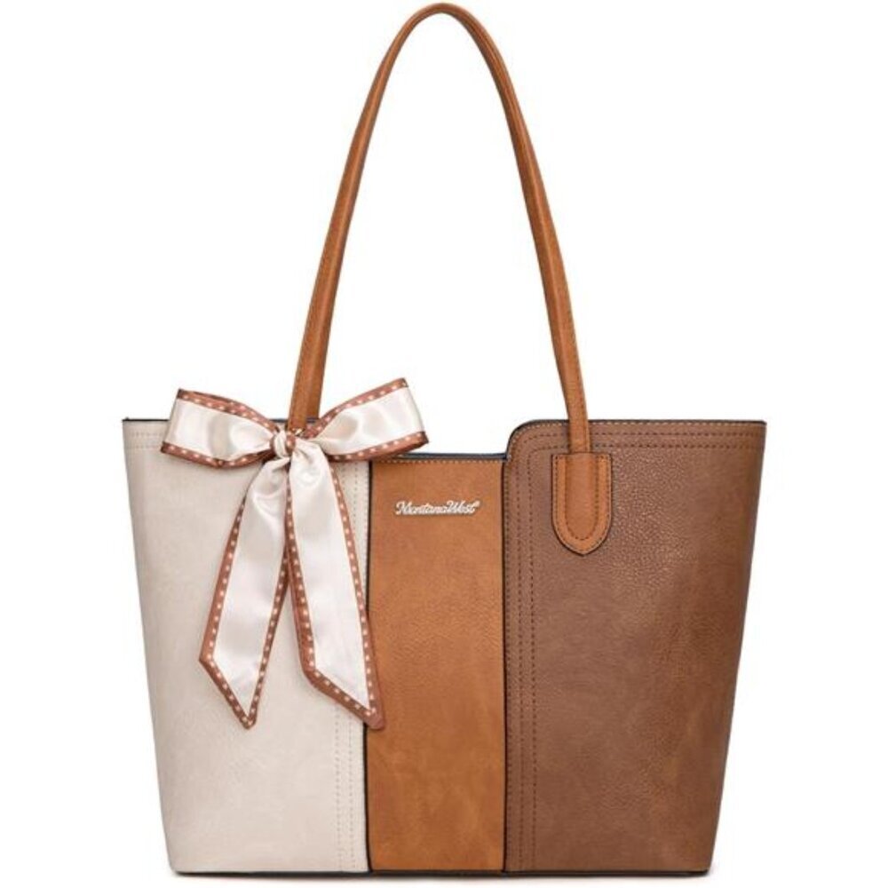 Montana West Medium Tote Bag Brown & Beige Vegan Leather Top Handle Satchel